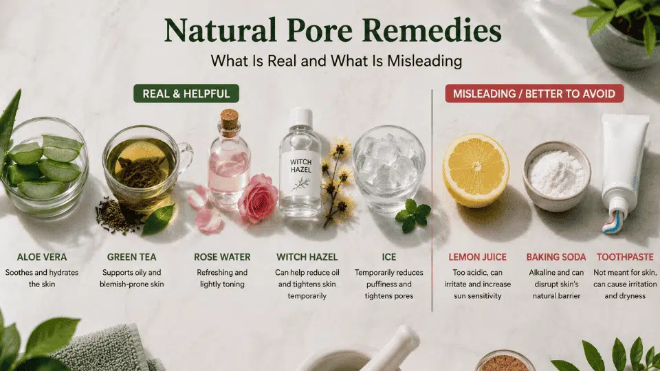 natural pore remedies with aloe green tea rose water ice lemon and baking soda