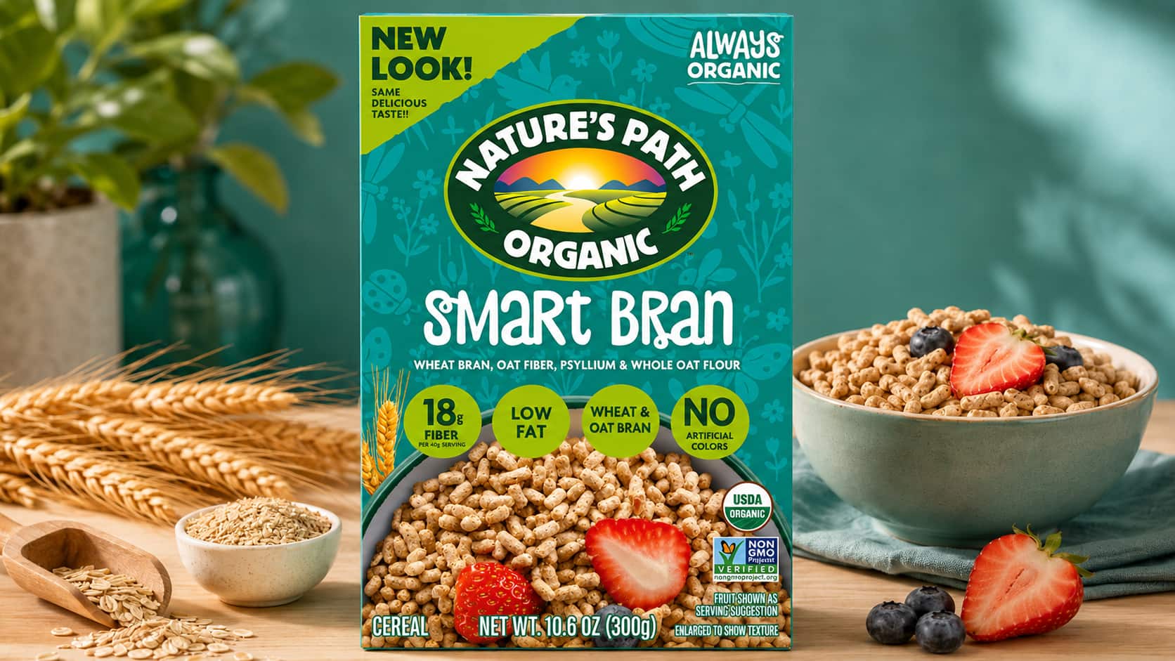 natures path smart bran cereal box with oats wheat strawberries blueberries and a bowl of cereal