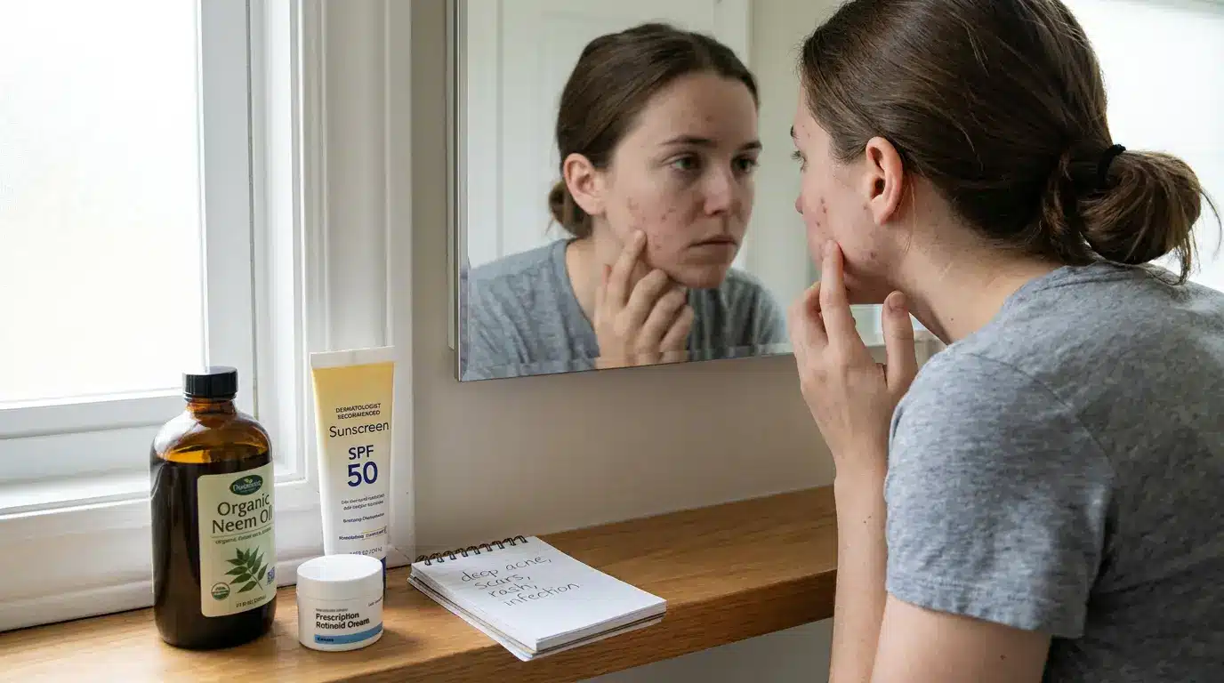neem oil beside skin care products showing concerns it cannot fix alone.