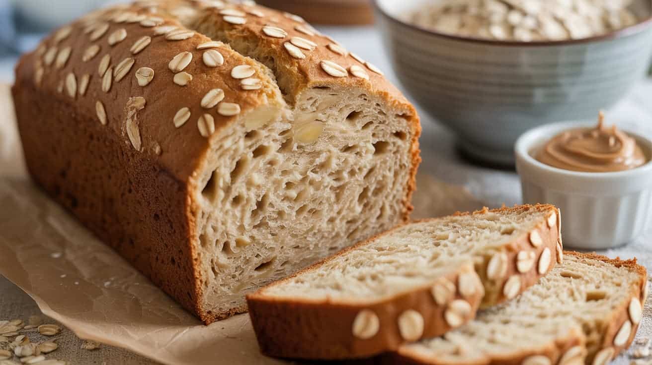 oat bread loaf with visible oats, sliced, next to bowl of oats and almond butter