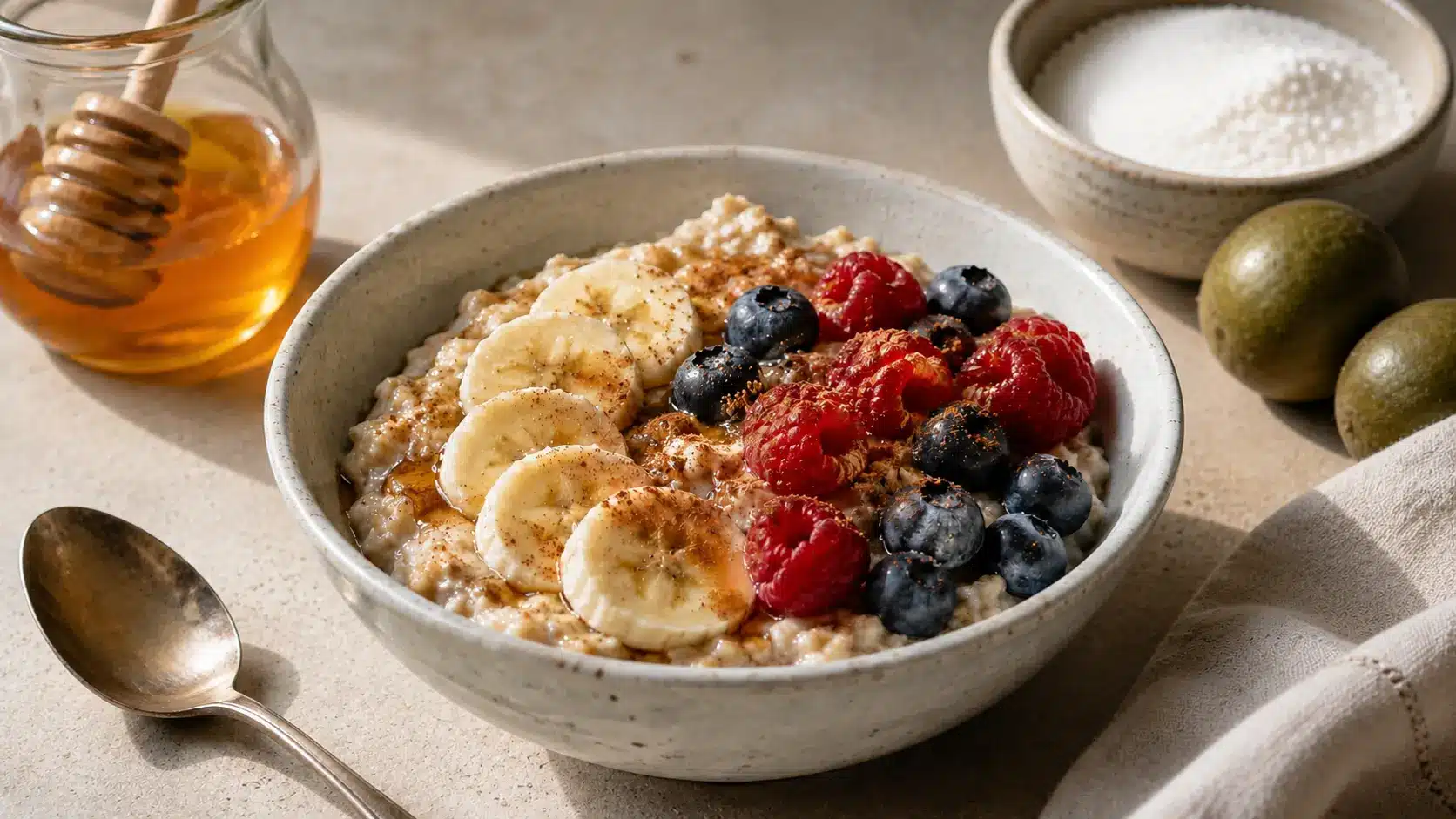 oatmeal topped with fruit and cinnamon beside monk fruit sweetener and honey