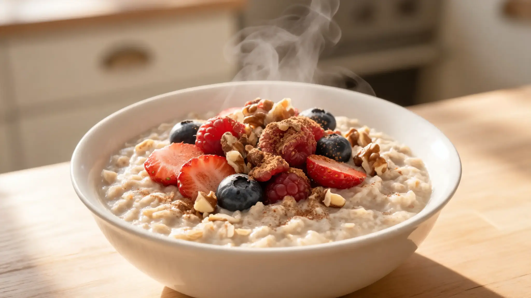 oatmeal with berries walnuts and cinnamon in a bowl with soft natural light