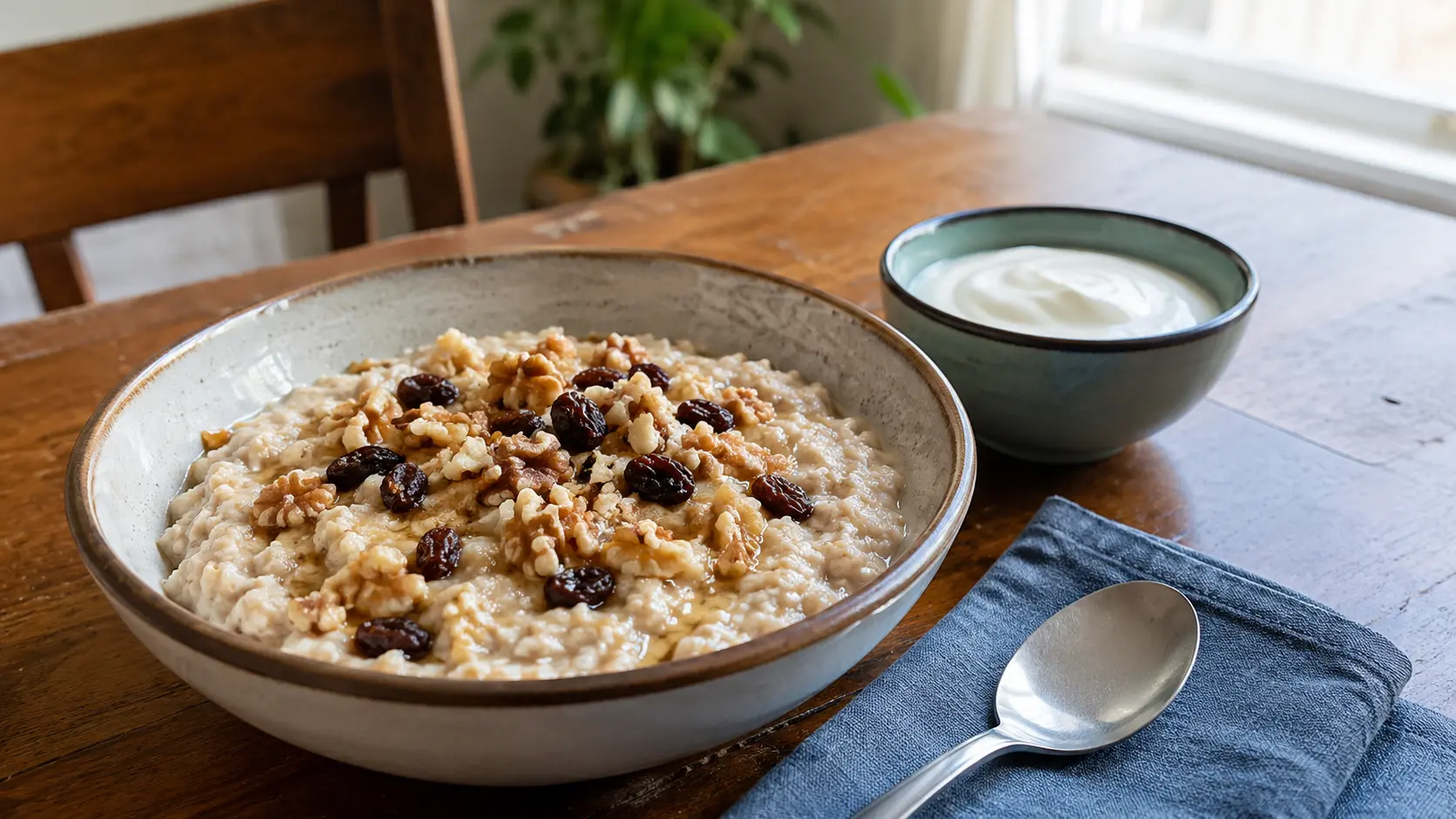 oatmeal with raisins and walnuts as a healthy breakfast idea