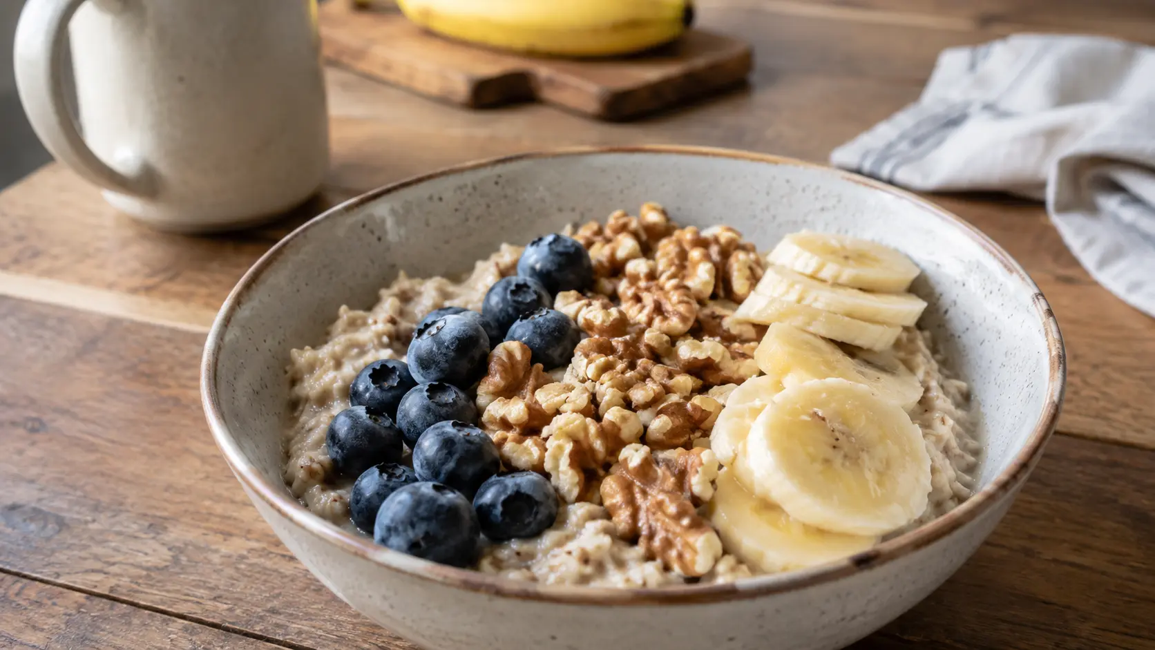 oatmeal with walnuts blueberries and banana in a bowl