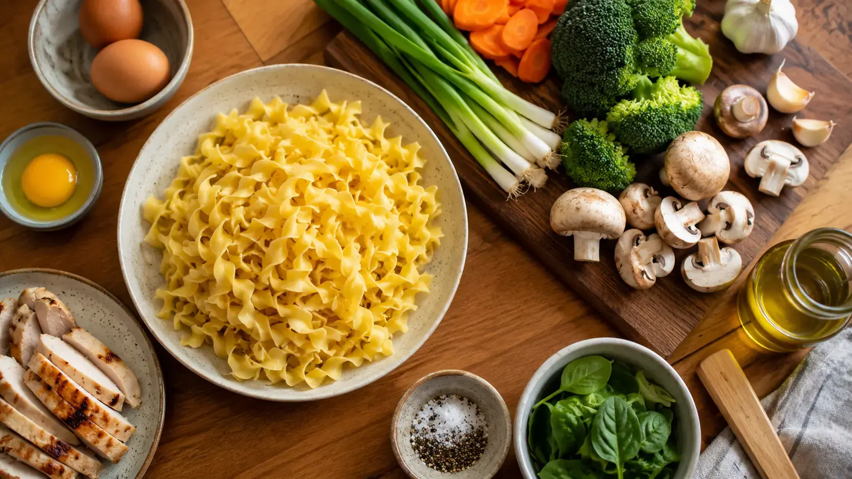 overhead kitchen scene showing egg noodle ingredients, cracked eggs, grilled chicken, broccoli, mushrooms, carrots, green onions, garlic, and olive oil