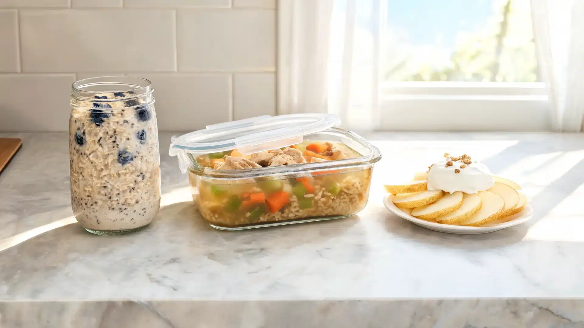 overnight oats, chicken vegetable soup, and pear slices with yogurt arranged on a kitchen counter in natural light