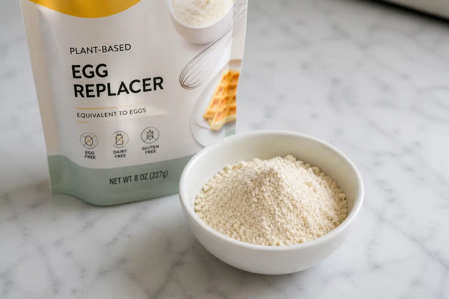 packet of plant based egg replacer beside small bowl of beige powder on marble counter in bright natural kitchen light