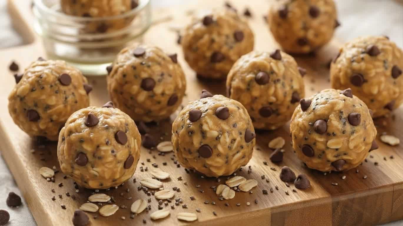 peanut butter energy balls with oats and chocolate chips