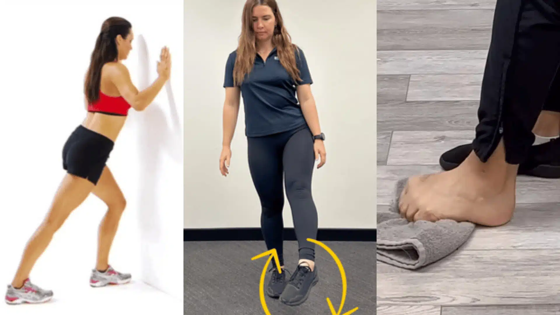 person doing calf stretch against wall, ankle circles, and toe scrunches with towel