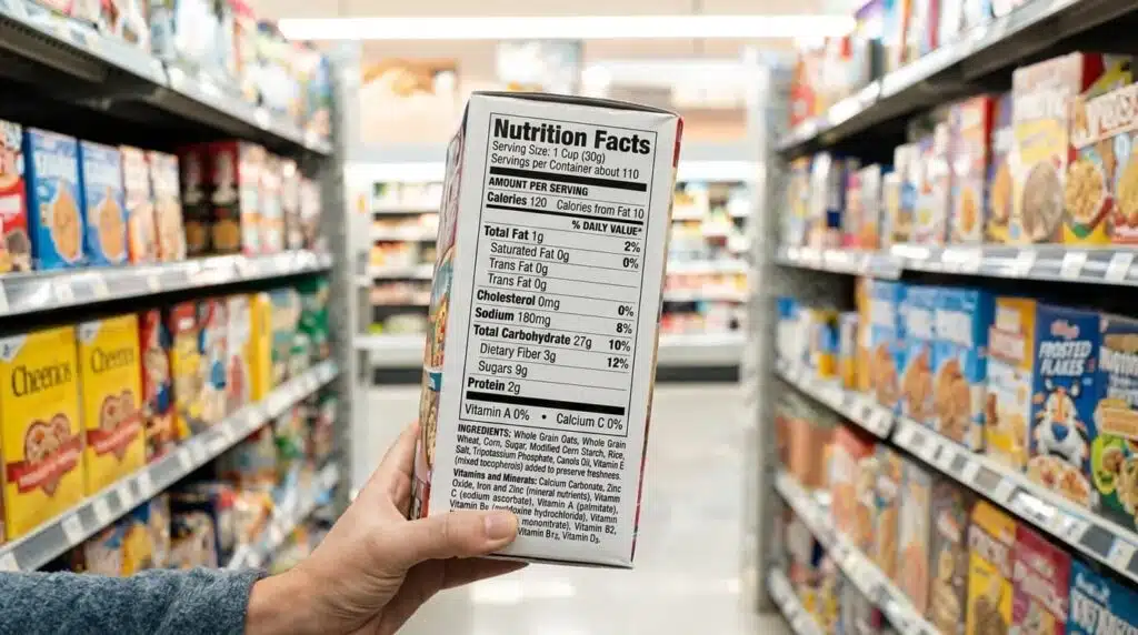person holding cereal box reading nutrition label in grocery aisle with shelves of cereal in background