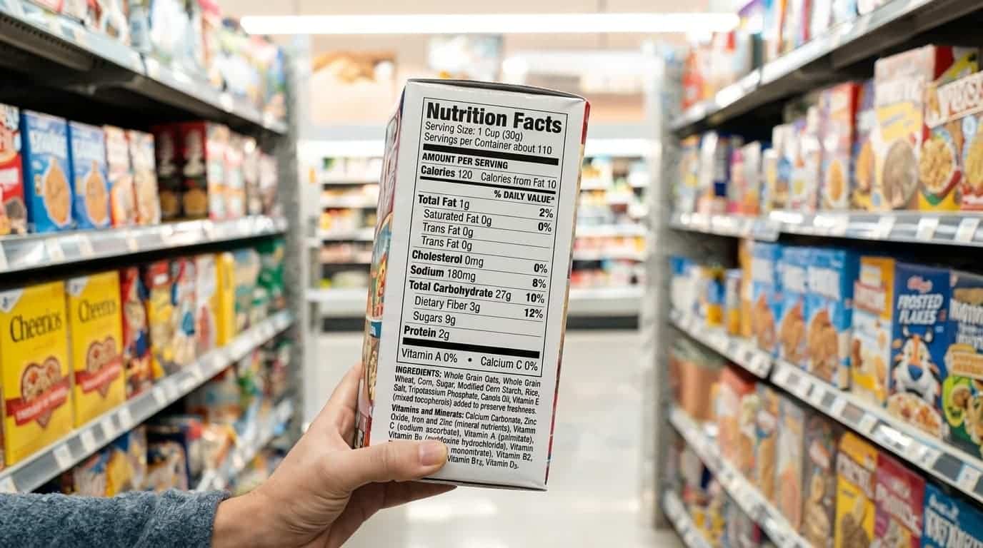 person holding cereal box reading nutrition label in grocery aisle with shelves of cereal in background