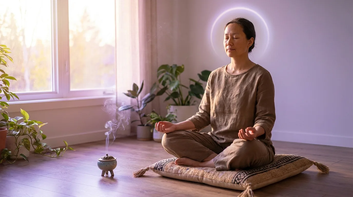 person meditating indoors with calm lighting, mindfulness posture, and peaceful crown chakra-inspired wellness atmosphere