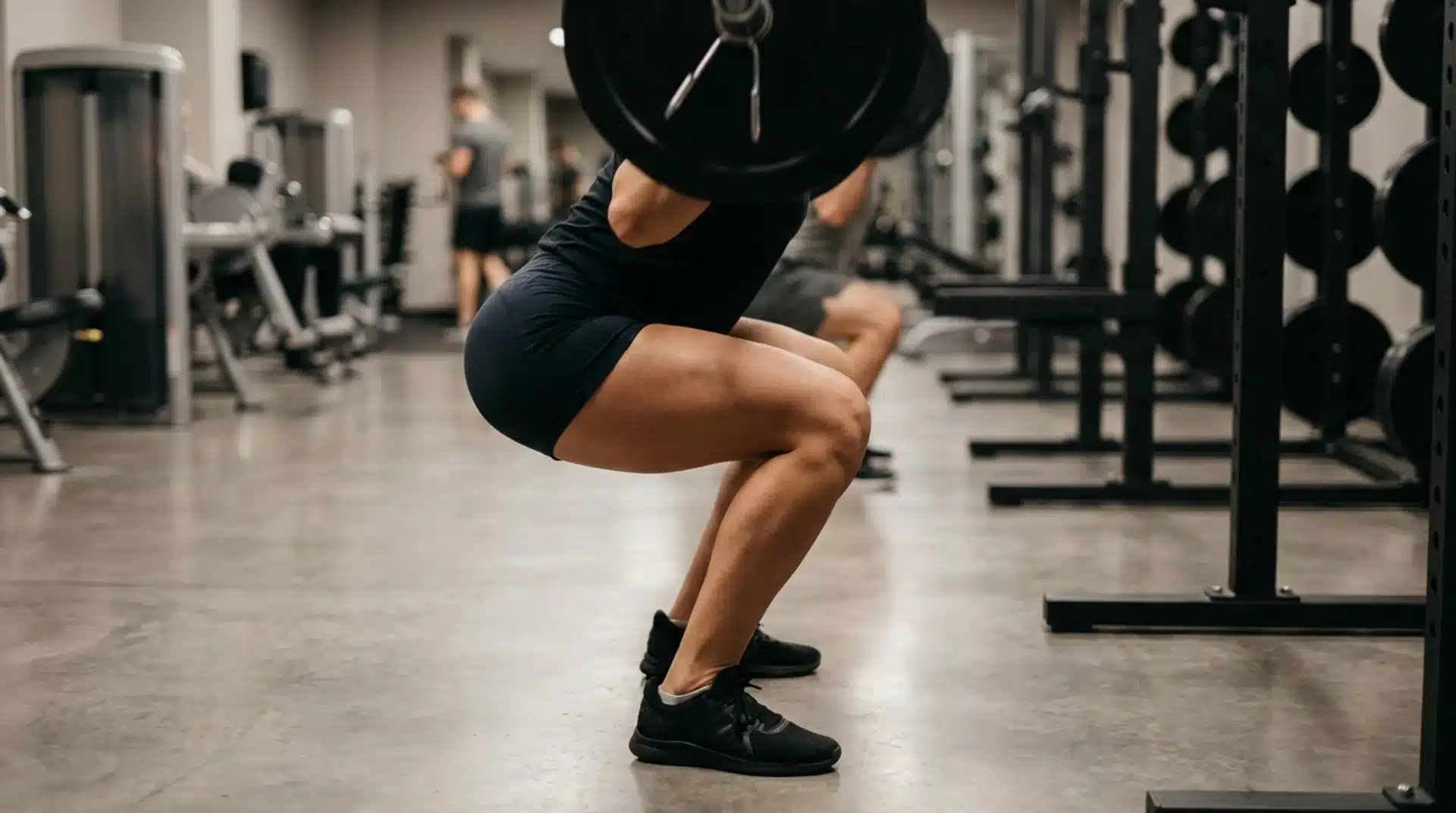 person performing slow barbell squat in gym, focusing on controlled eccentric lowering phase to strengthen quadriceps