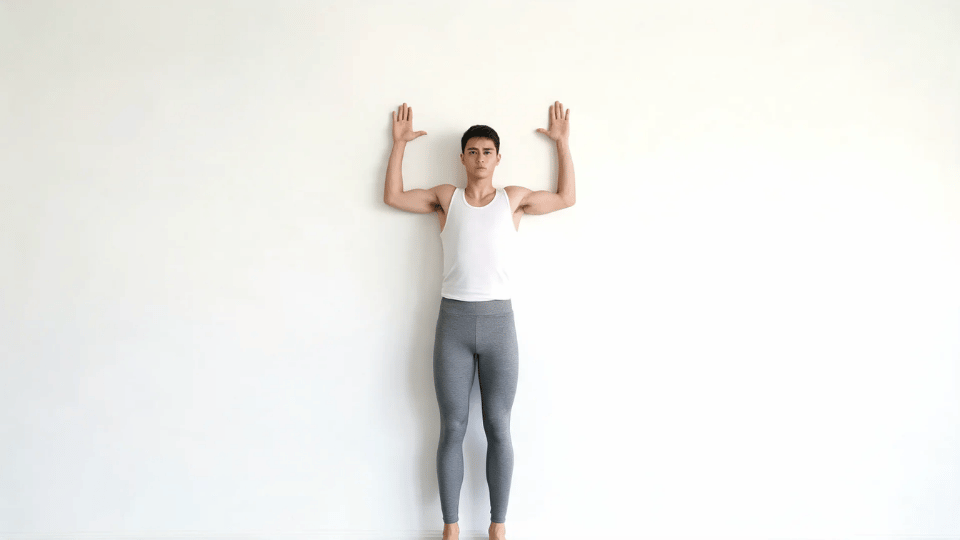 person performing wall angels exercise against a wall for shoulder mobility and posture correction