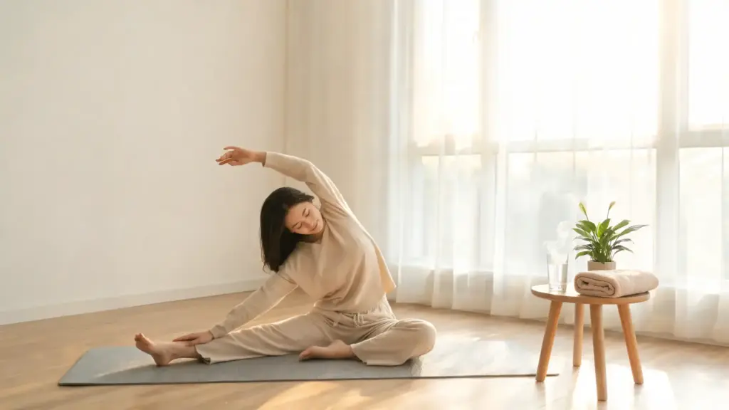 person stretching on yoga mat in morning light with warm water showing simple routine for digestion support