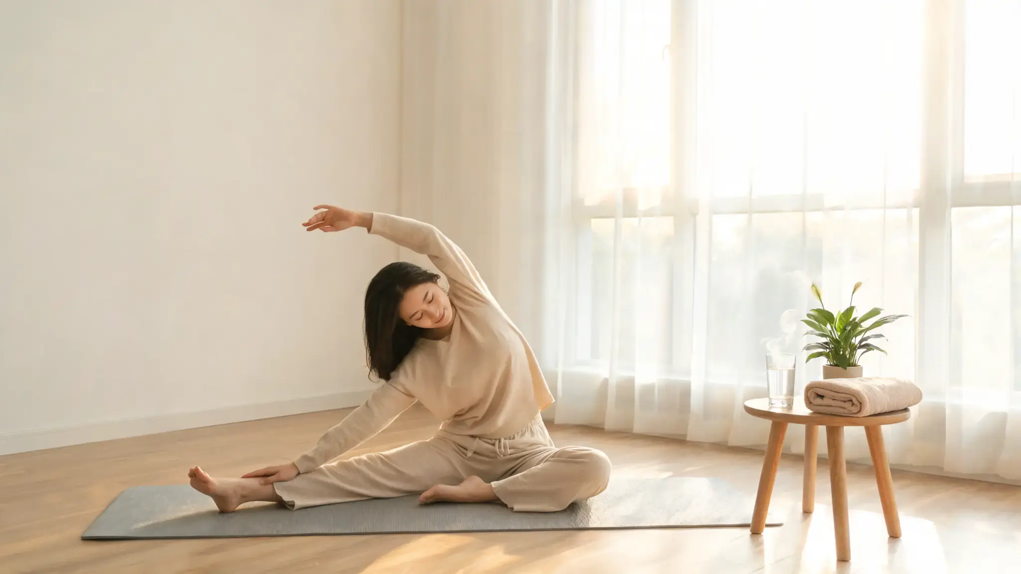 person stretching on yoga mat in morning light with warm water showing simple routine for digestion support