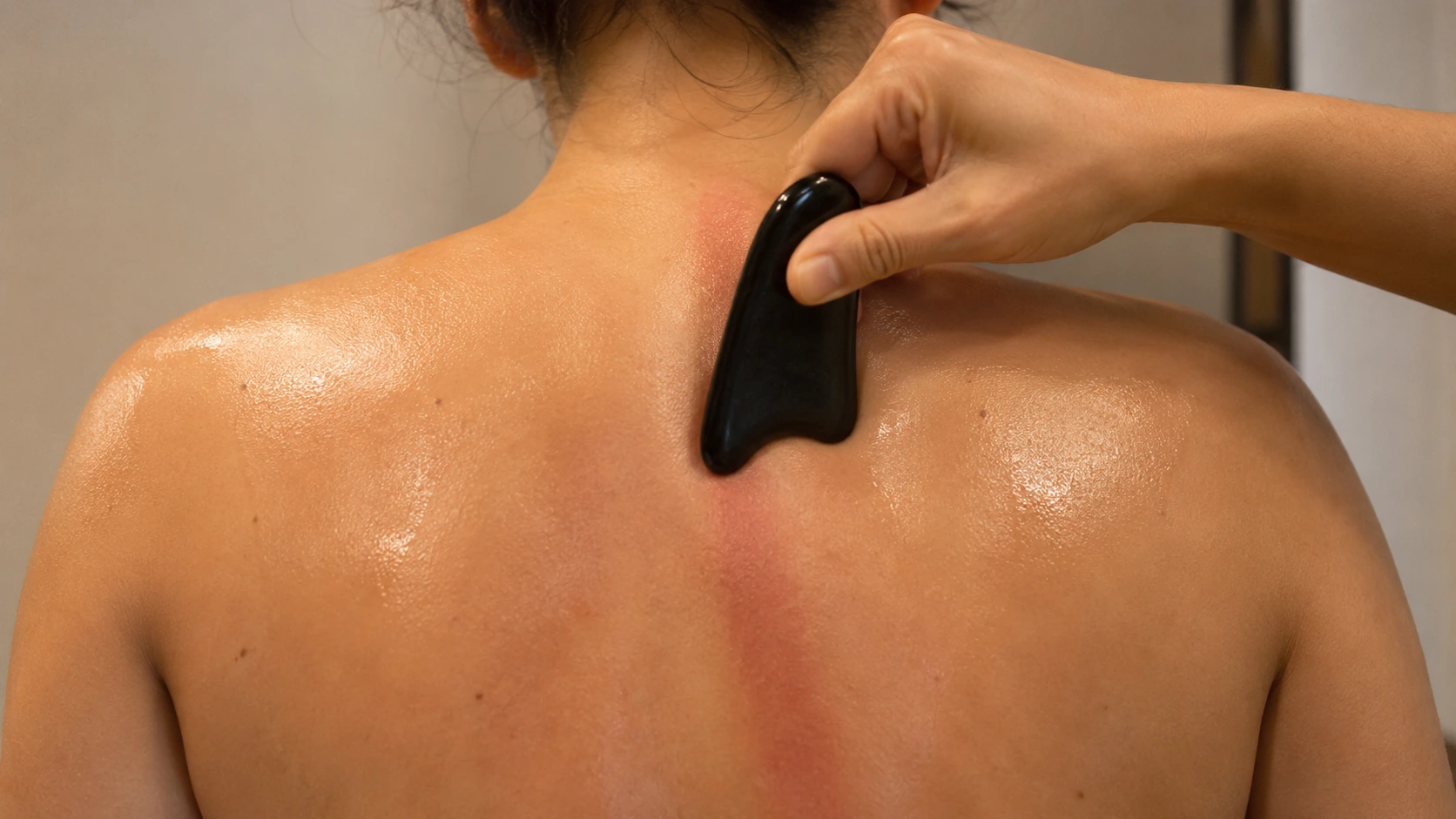 person uses a black gua sha tool on the upper back, showing red scraping marks during body massage