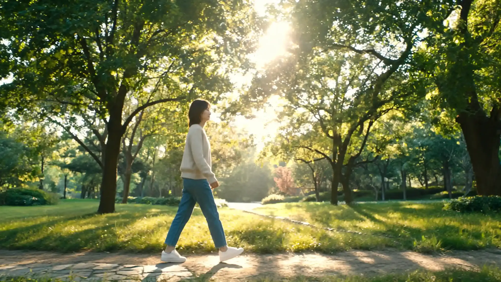 person walking in park with relaxed posture supporting digestion and gentle gut movement