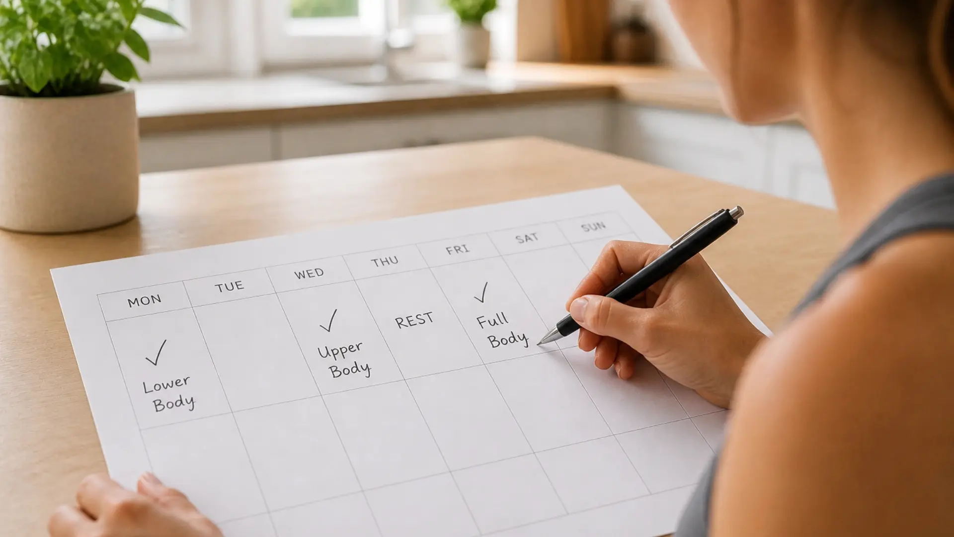 person writing on weekly workout calendar at wooden desk, checkmarks visible, rest day noted, and a pen in hand (1)