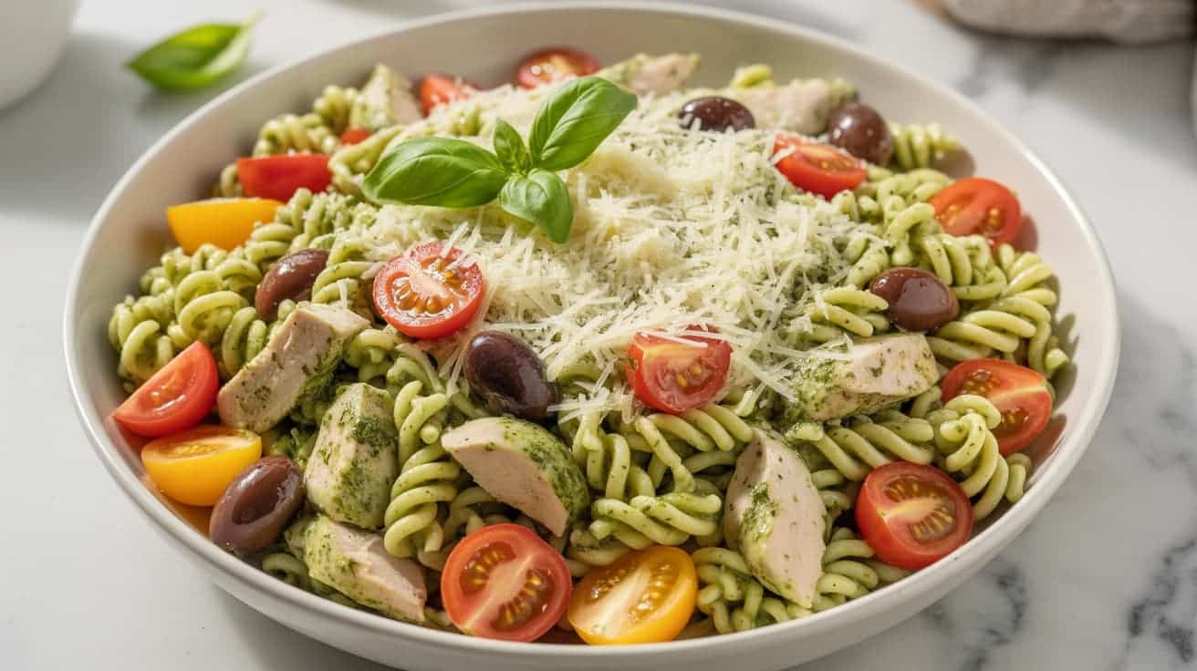 pesto chicken pasta salad with cherry tomatoes, olives, and parmesan (1)