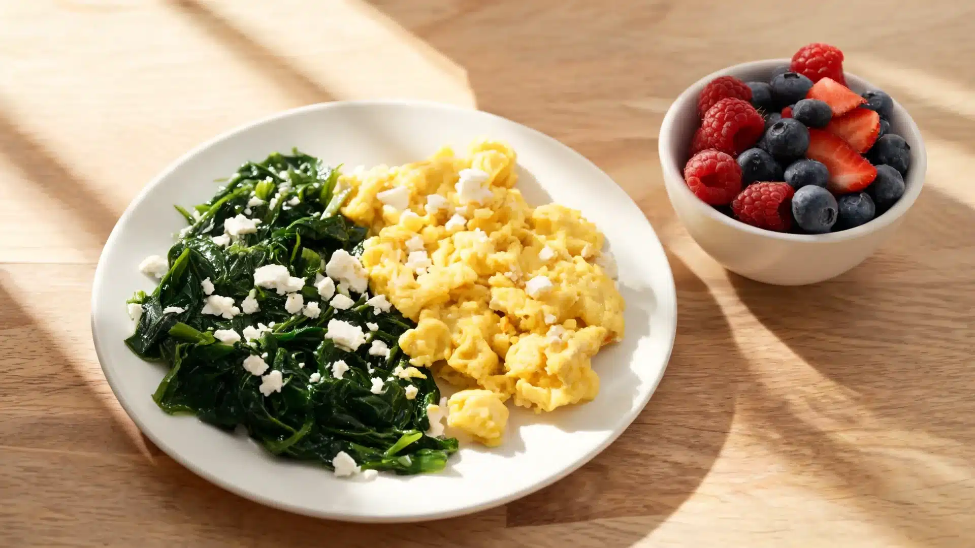 plate of scrambled eggs with spinach and crumbled cheese beside a bowl of strawberries, blueberries, and raspberries