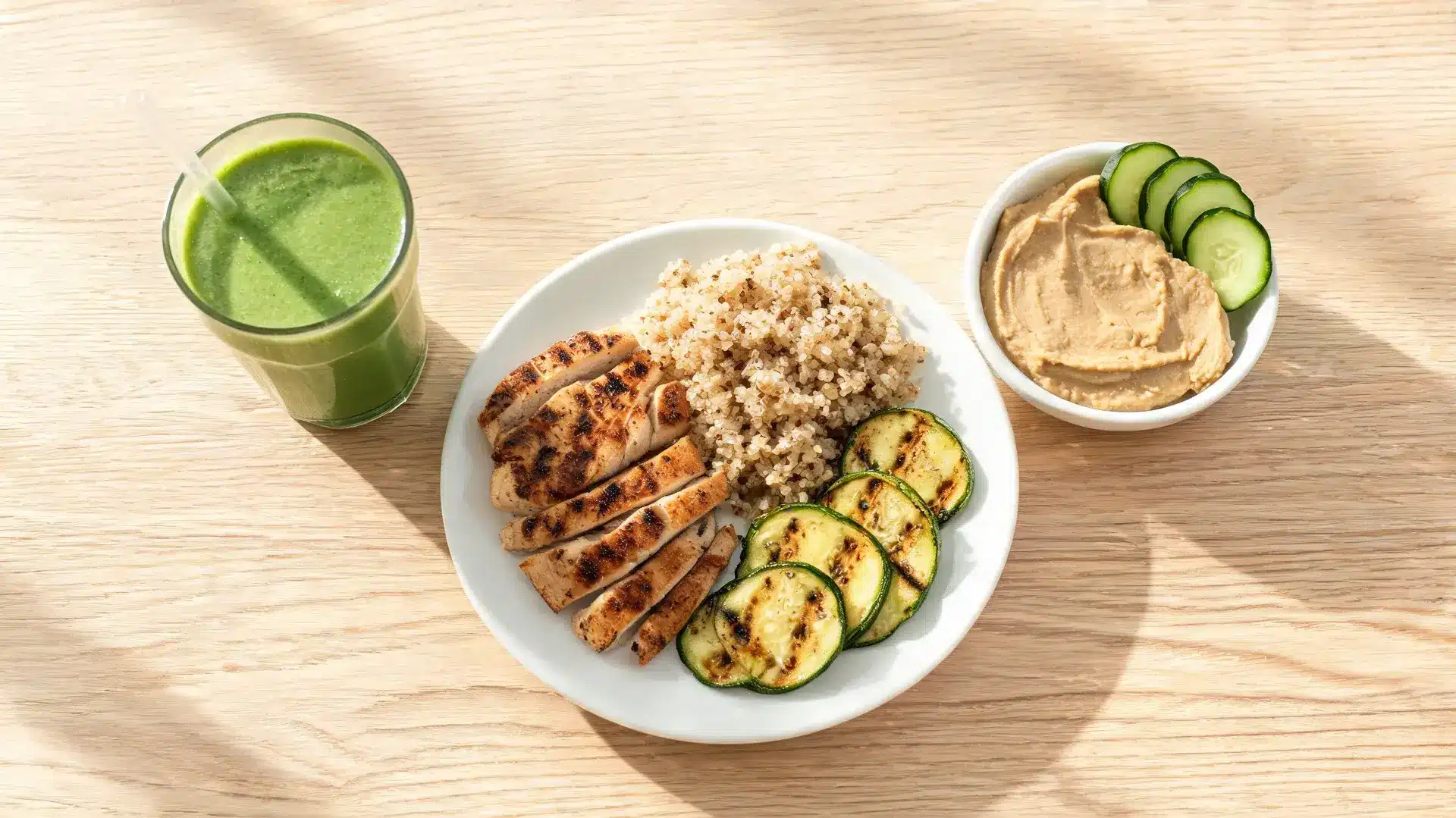 plate with grilled chicken, quinoa, roasted zucchini, cucumber hummus, and green smoothie on a wooden table