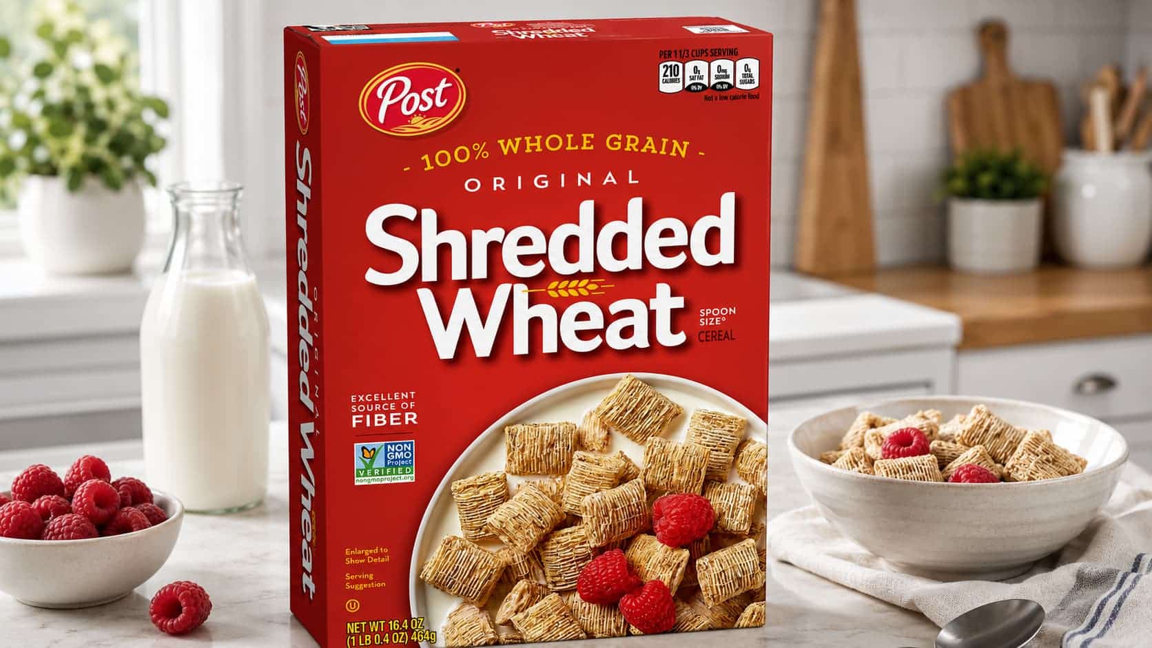 post shredded wheat cereal box with milk raspberries and a bowl of cereal on a kitchen counter