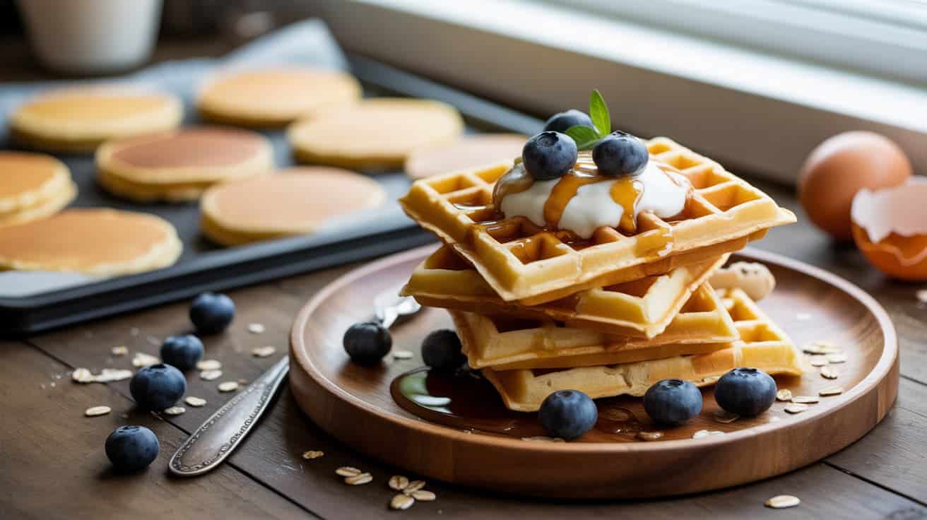 protein waffles on a plate with syrup and toppings