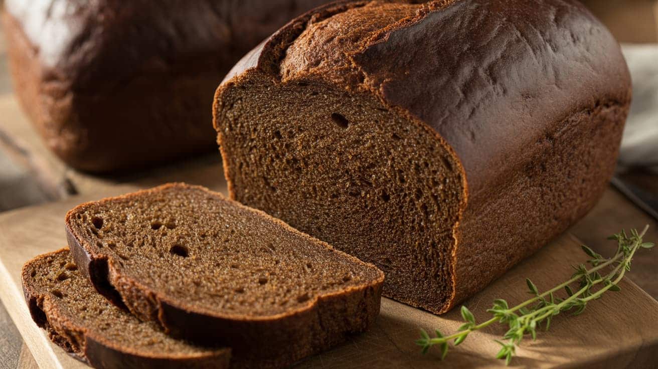 pumpernickel bread with a dense dark crumb and crust, decorated with thyme sprigs