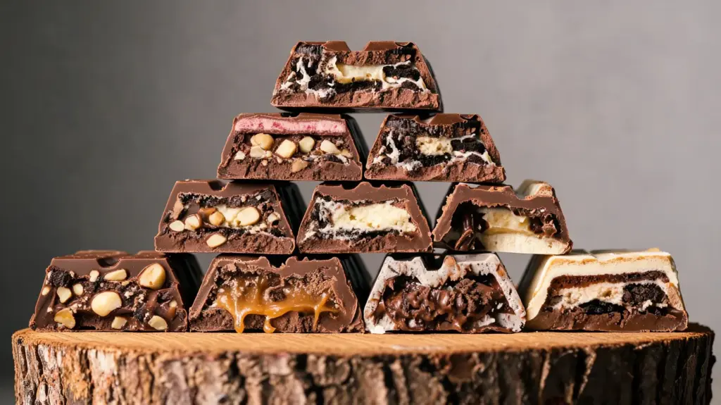 pyramid stack of assorted chocolate pieces with visible fillings like caramel nuts and cream on a rustic wooden surface