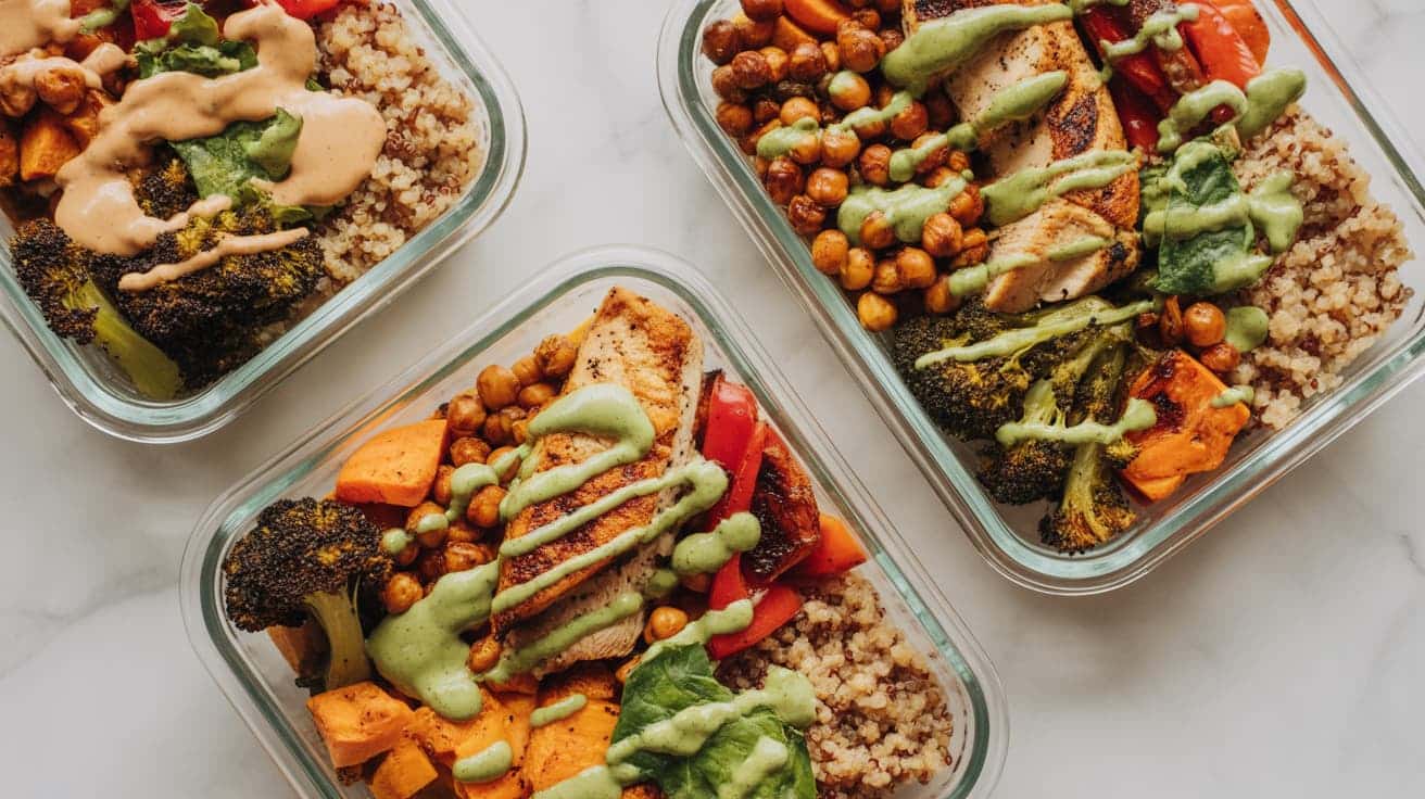 quinoa grain bowl with chicken, roasted vegetables, and sauce