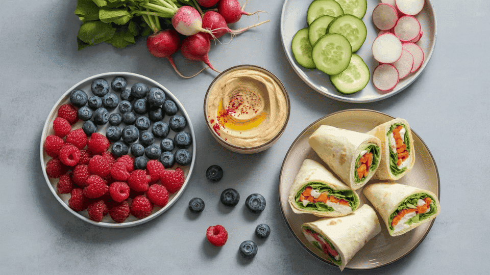 raspberries and blueberries next to hummus cucumber slices radishes and veggie wraps on a grey surface