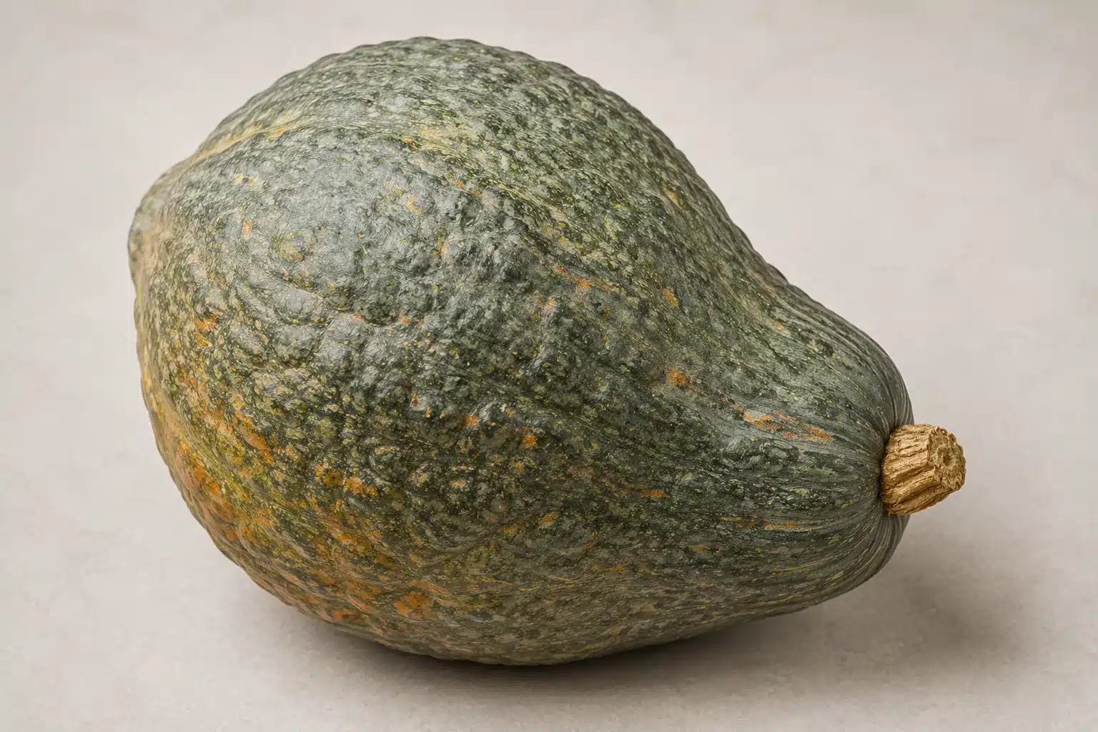 raw green kabocha squash with rough textured skin and natural stem placed on a neutral background under soft lighting