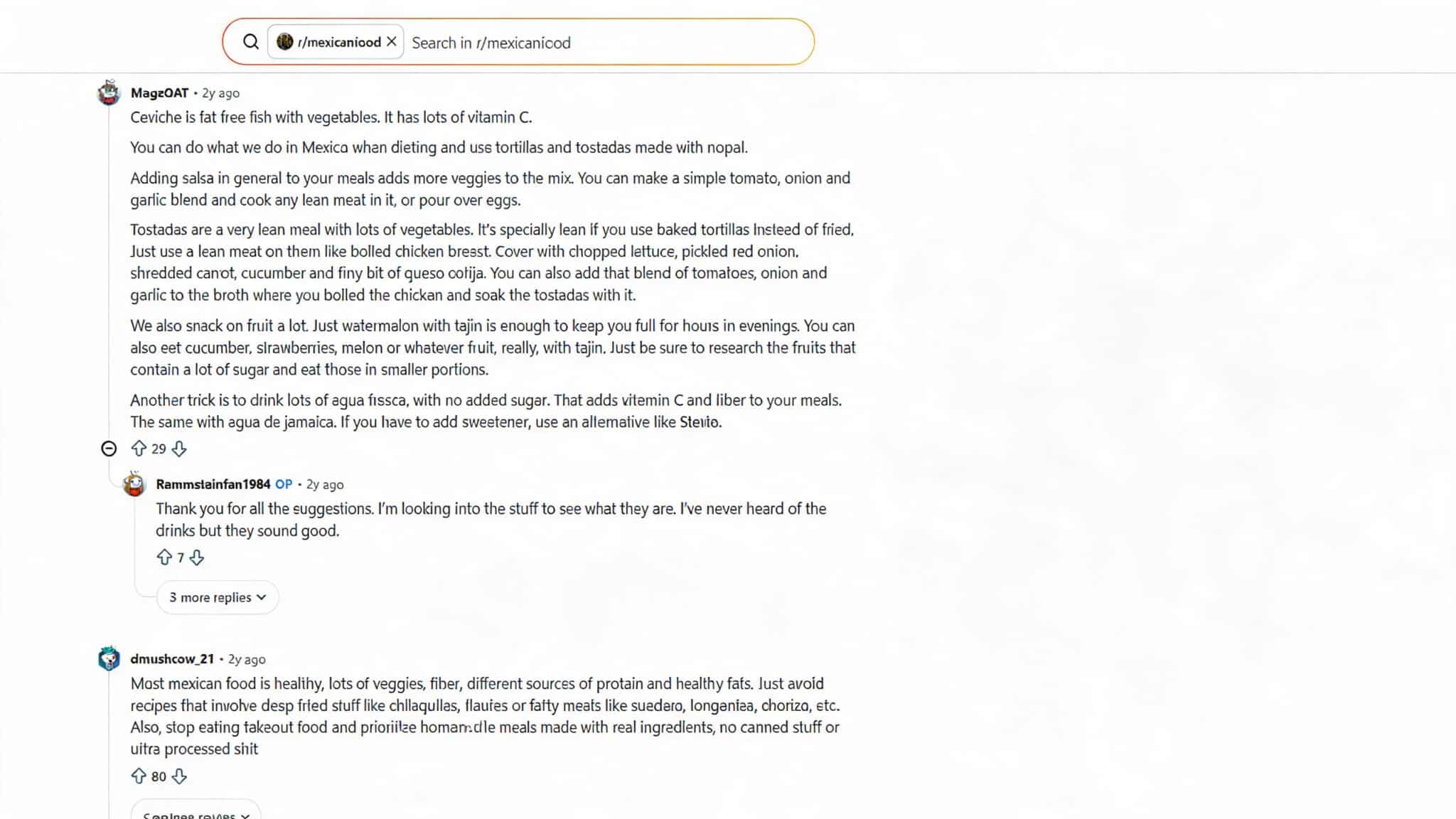 reddit comments from discussing healthy mexican food tips including ceviche tortillas salsa and avoiding fried dishes