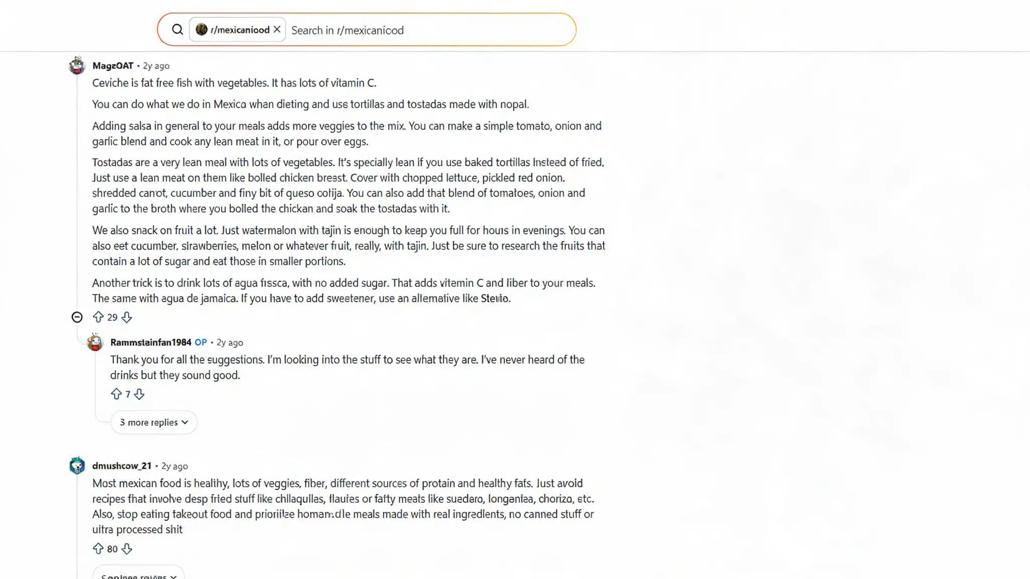 reddit comments from discussing healthy mexican food tips including ceviche tortillas salsa and avoiding fried dishes