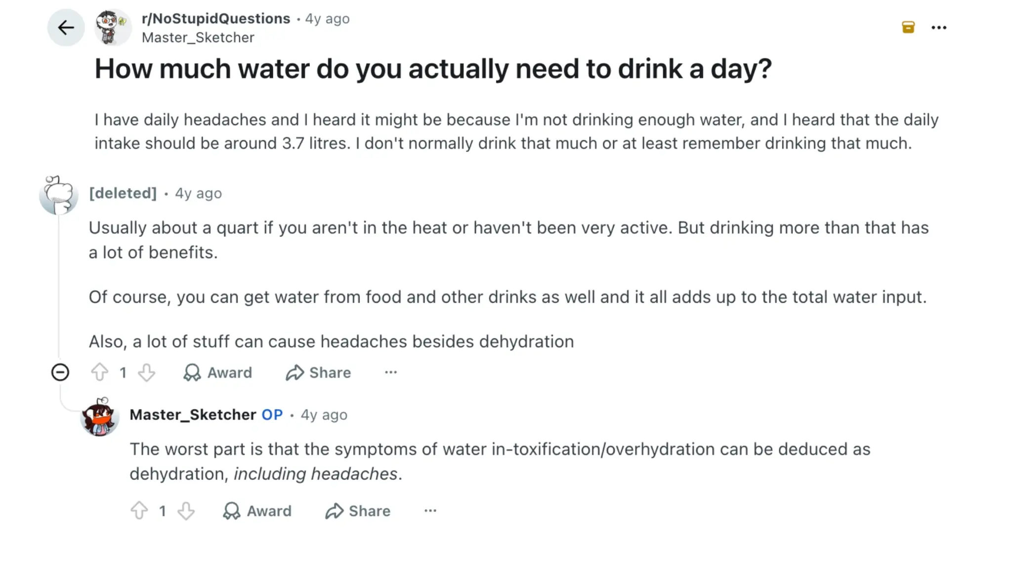 reddit thread discussing daily water intake, comments about fluid sources, and risks of overhydration versus dehydration