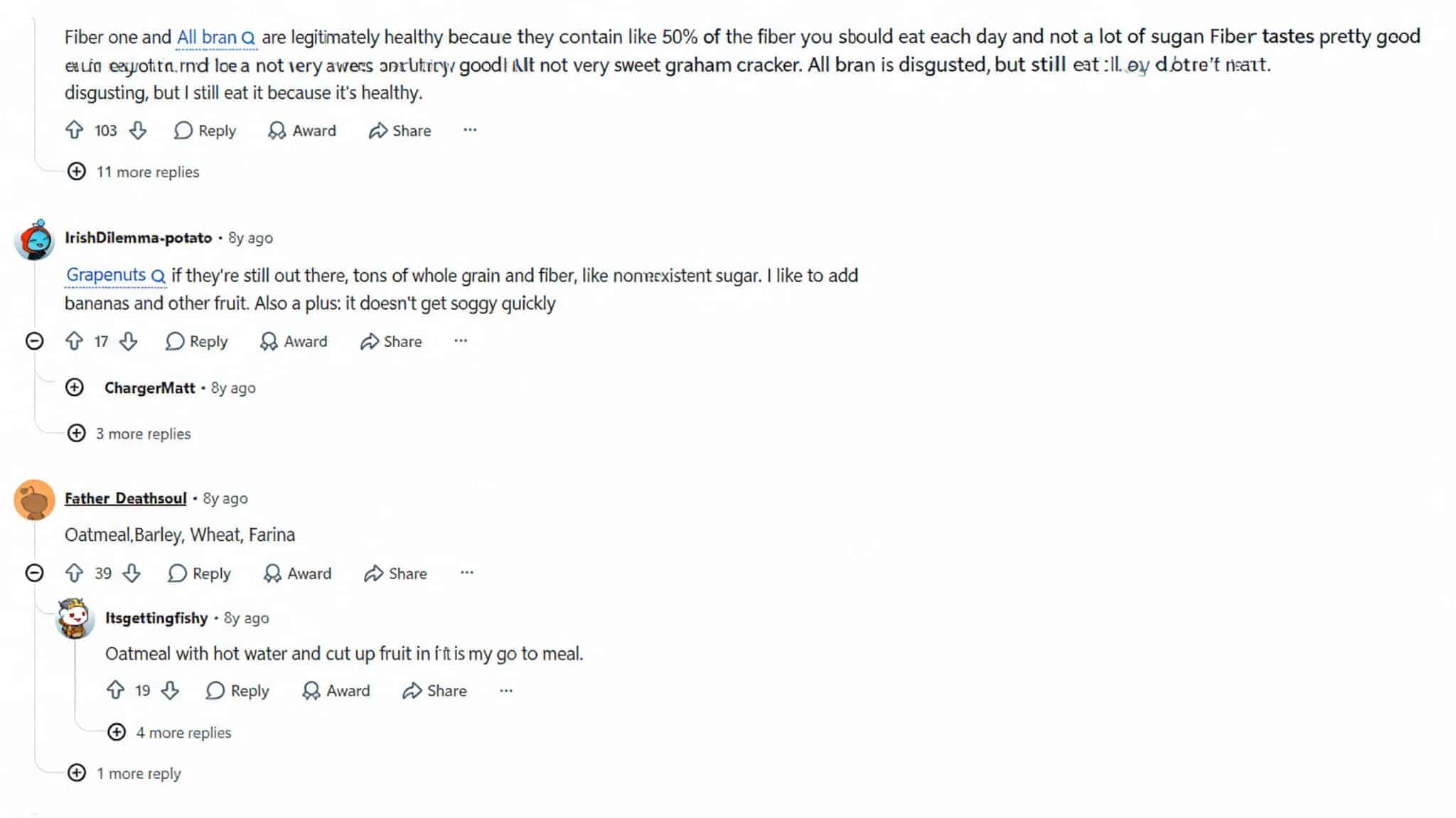 reddit thread showing comments about healthy cereals oatmeal and whole grain breakfast choices