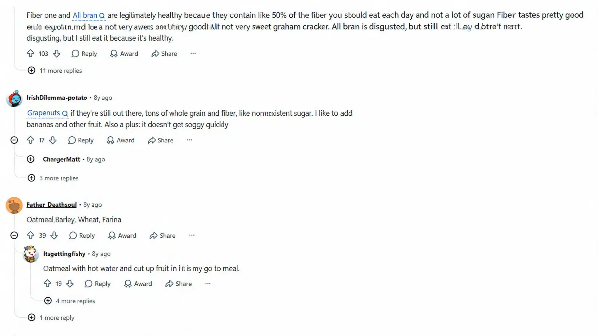 reddit thread showing comments about healthy cereals oatmeal and whole grain breakfast choices