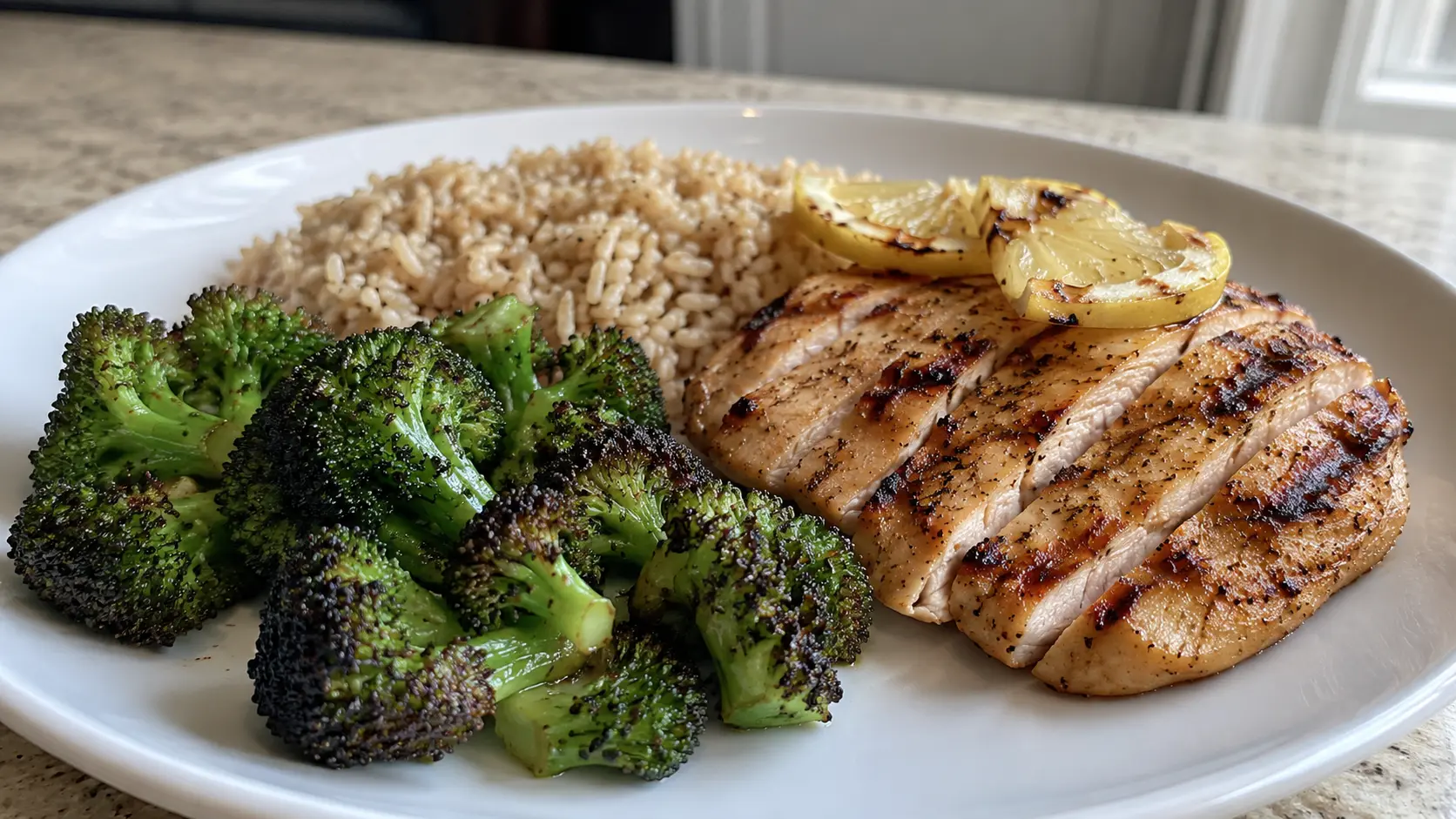 roasted broccoli chicken and brown rice on a plate