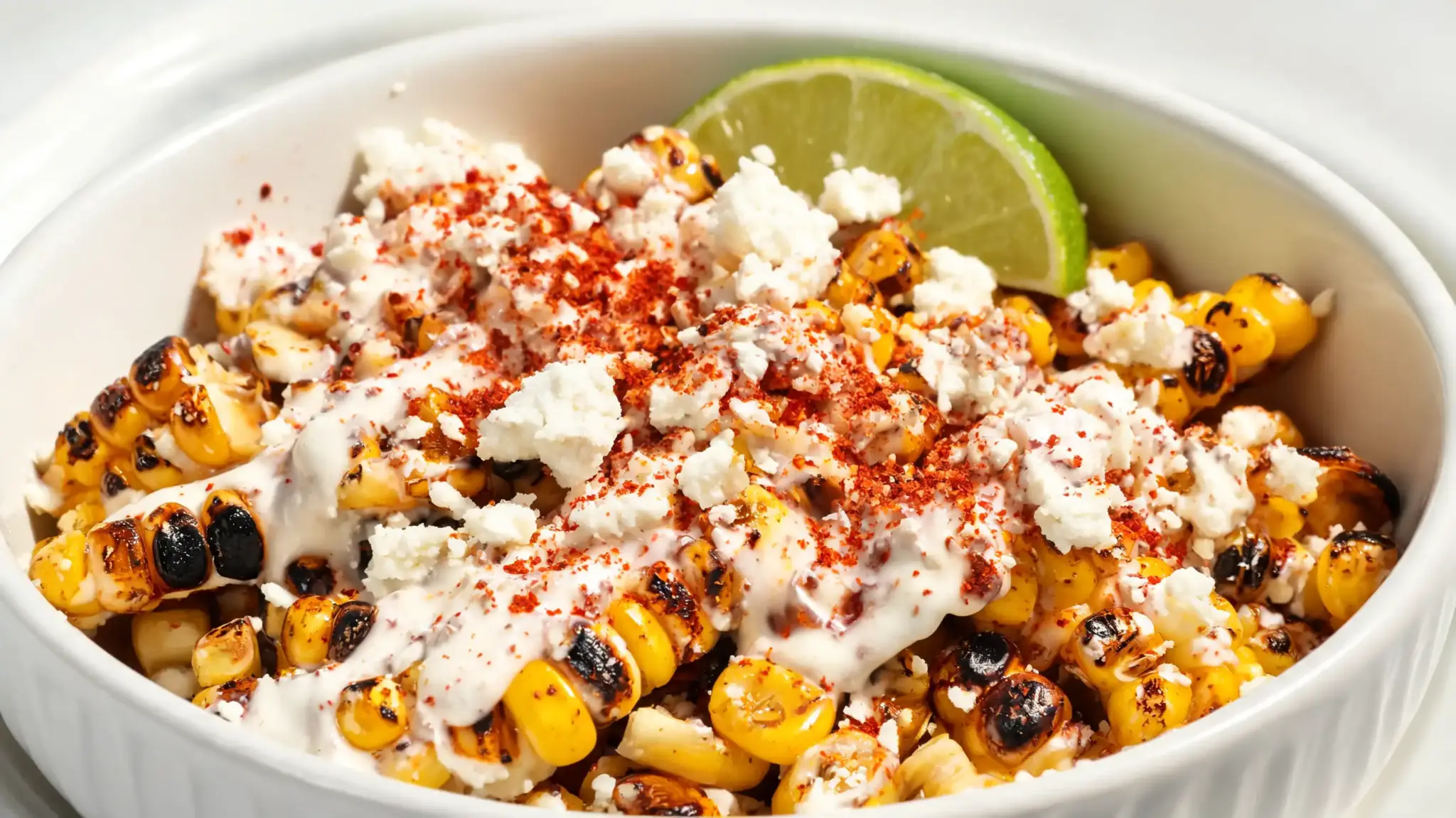 roasted corn mixed with creamy dressing, lime, chili powder, and cotija cheese in a light salad