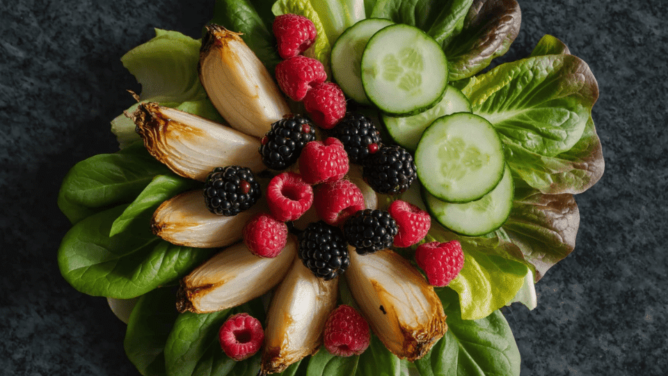 roasted onions, raspberries, blackberries, cucumber slices and mixed greens arranged on a dark surface
