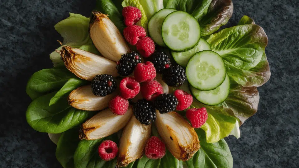 roasted onions, raspberries, blackberries, cucumber slices and mixed greens arranged on a dark surface
