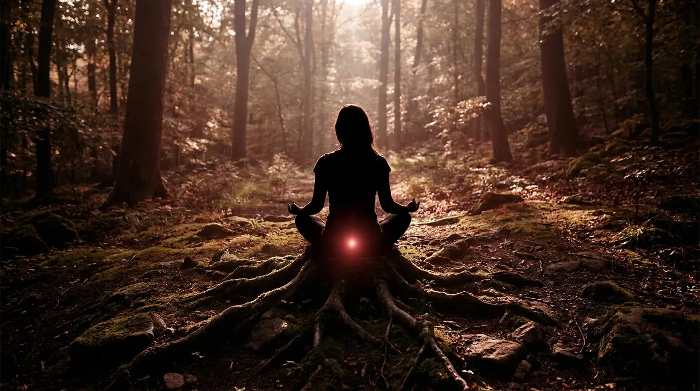 root chakra grounding visualization with human seated on earth and roots connecting deep into soil energy flow