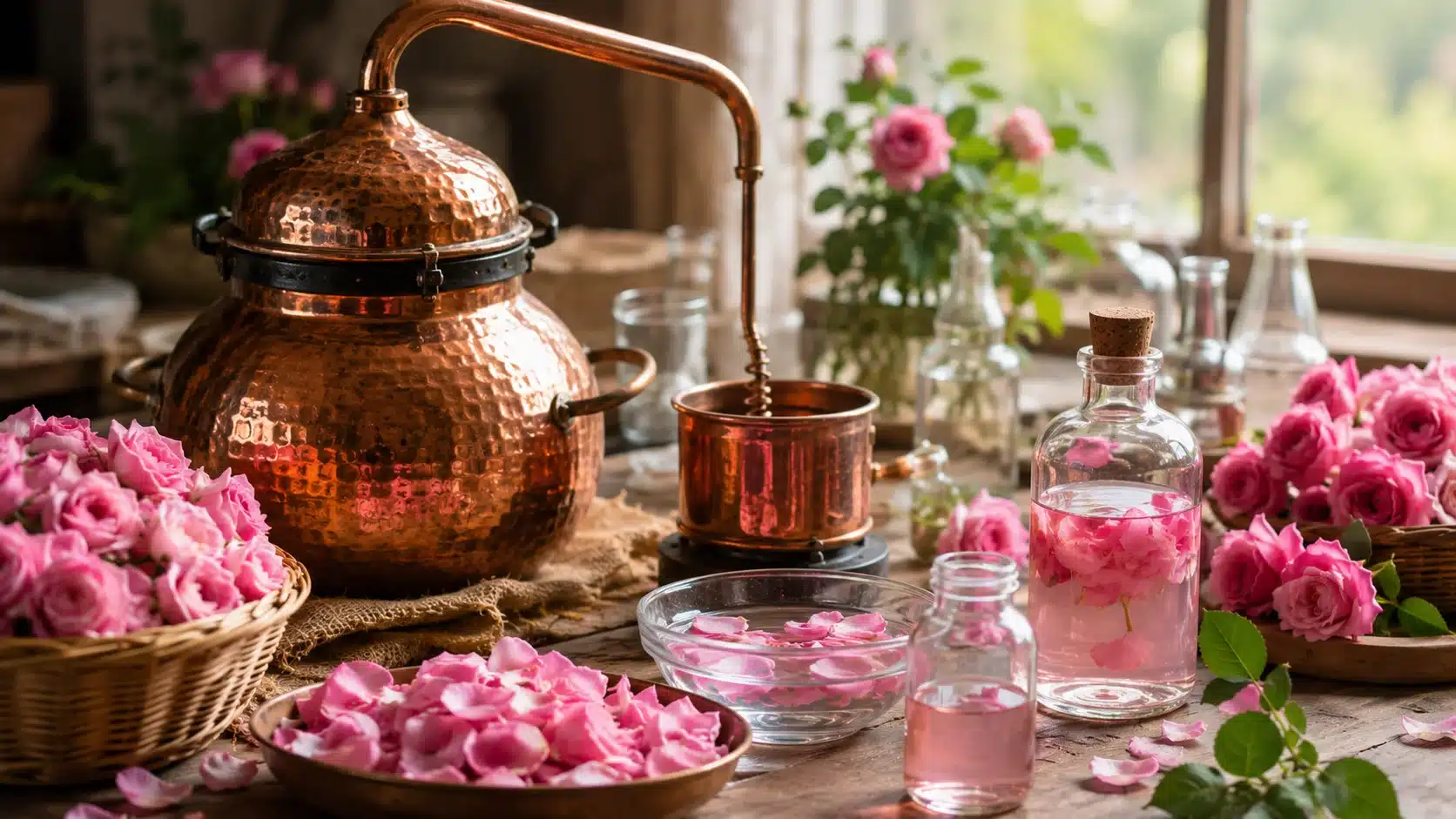 rose water distillation setup with copper pot pink roses petals and glass bottles on table