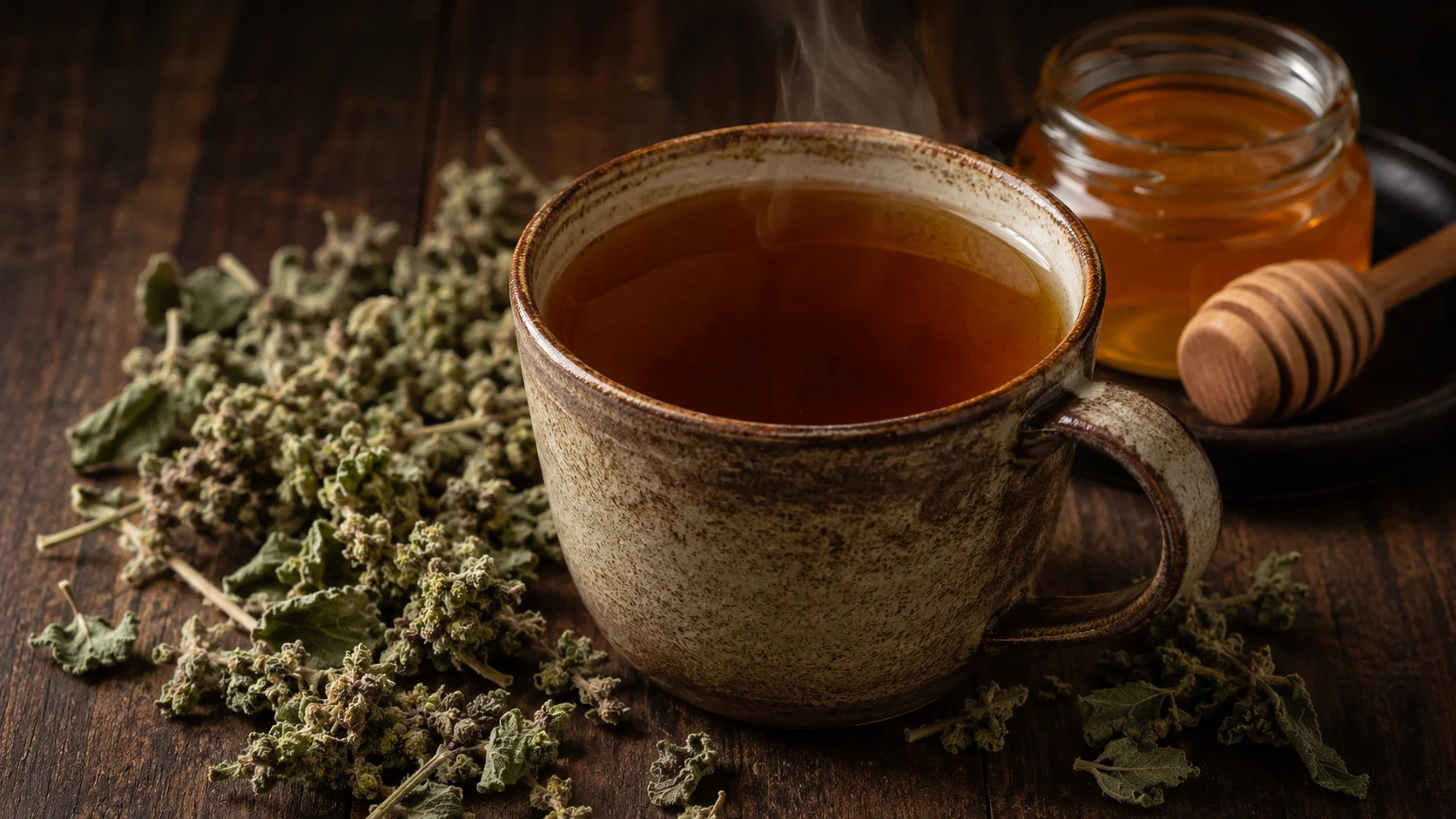 rustic stoneware mug of horehound tea with dried herbs and honey jar on dark wooden surface under warm moody lighting