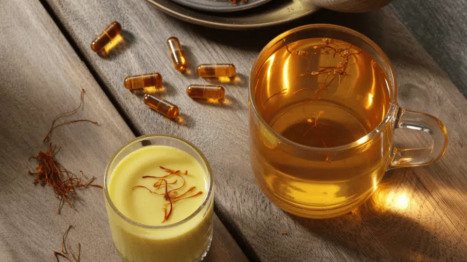 saffron tea saffron milk and saffron supplement capsules placed together on a wooden surface