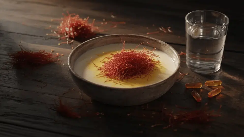 saffron threads piled in a ceramic bowl surrounded by loose threads supplement capsules and a glass of water