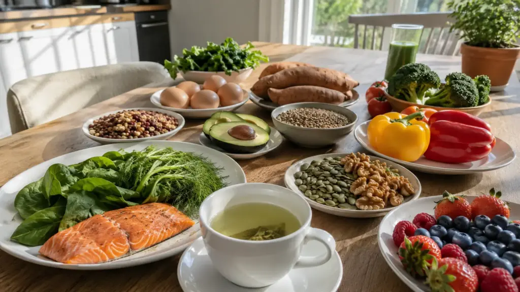 salmon avocado berries bell peppers eggs greens broccoli walnuts seeds tomatoes beans lentils sweet potatoes and green tea on a kitchen table