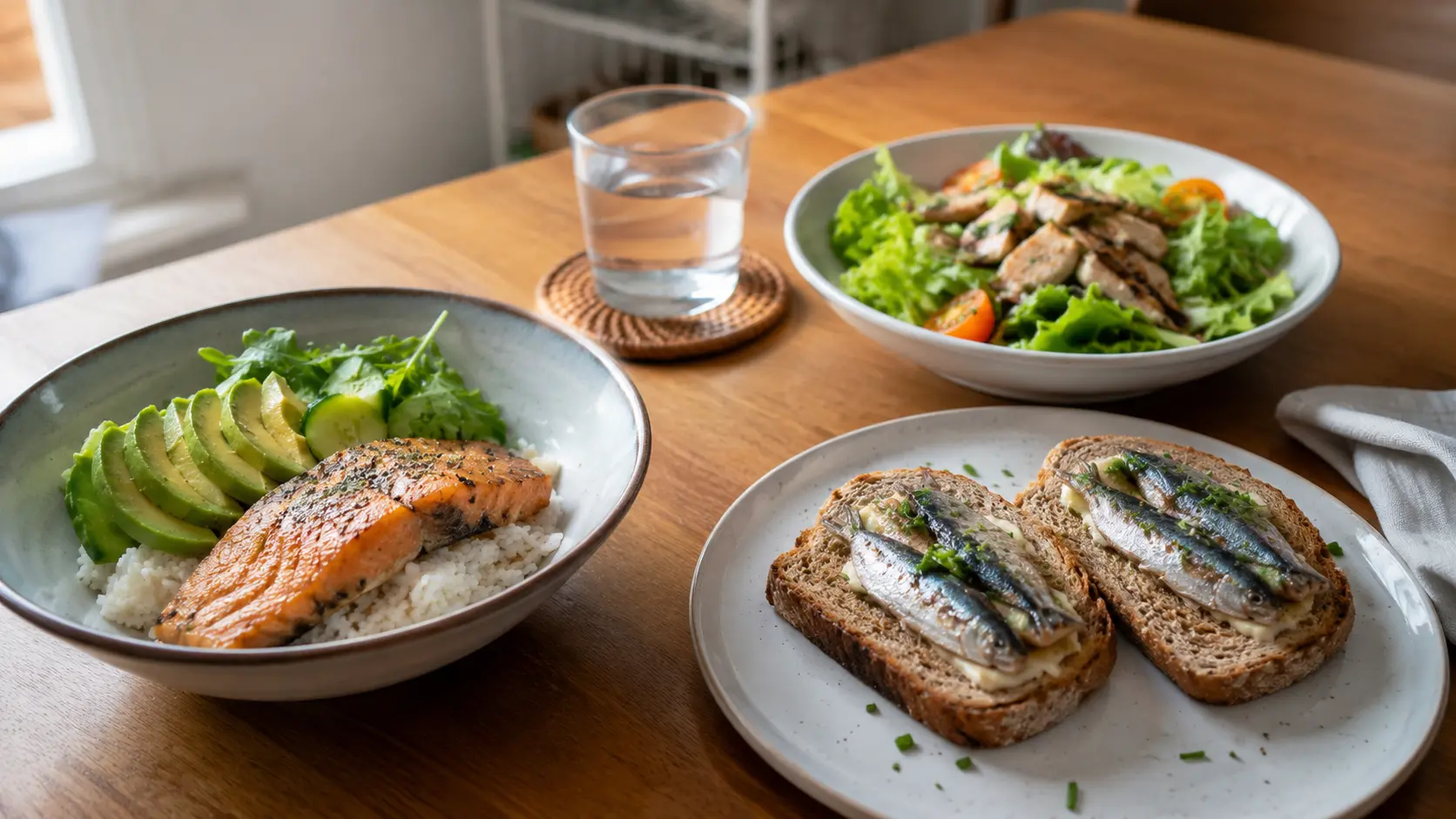 salmon, fish, avacado, rice, toast and green leaves on a wooden table