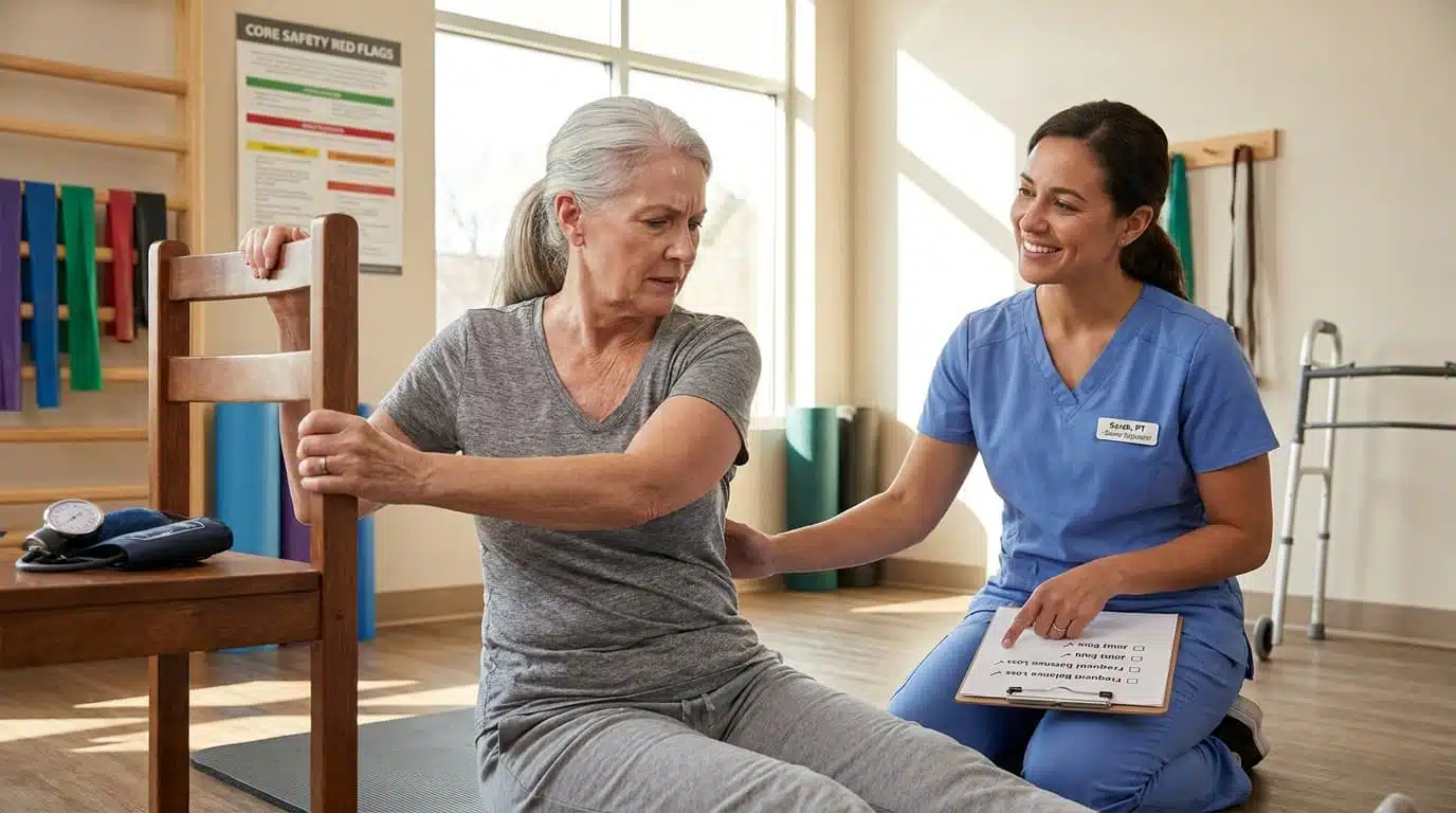 senior consulting doctor about safe core exercises and physical therapy guidance
